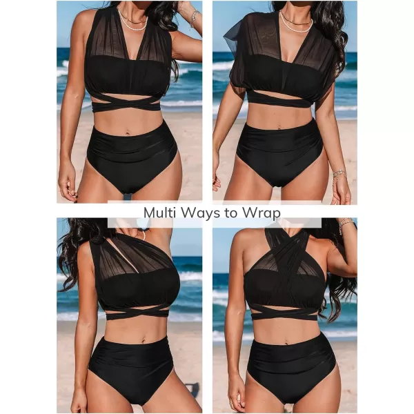 imageCUPSHE Womens Bikini Sets Two Piece Swimsuit High Waisted V Neck Wrapped Tie Push Up Underwire Bathing SuitBlack