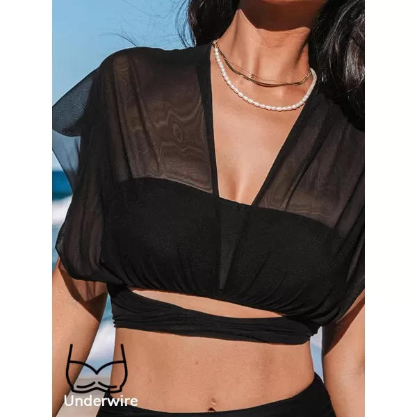 imageCUPSHE Womens Bikini Sets Two Piece Swimsuit High Waisted V Neck Wrapped Tie Push Up Underwire Bathing SuitBlack