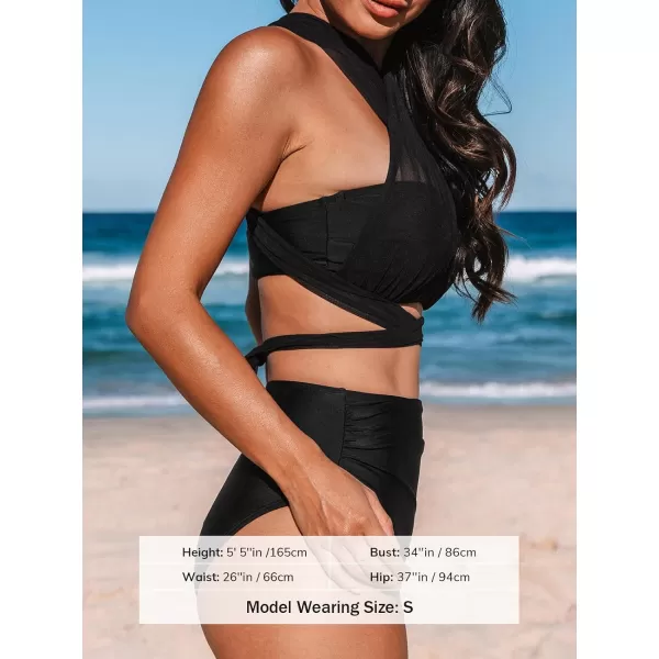 imageCUPSHE Womens Bikini Sets Two Piece Swimsuit High Waisted V Neck Wrapped Tie Push Up Underwire Bathing SuitBlack