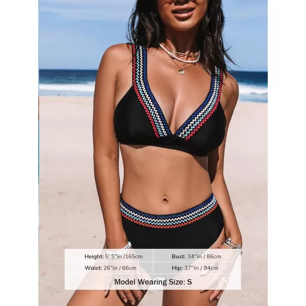 imageCUPSHE Womens Bikini Sets Two Piece Swimsuit Hign Waisted V Neck Back Hook Wide StrapsBlack