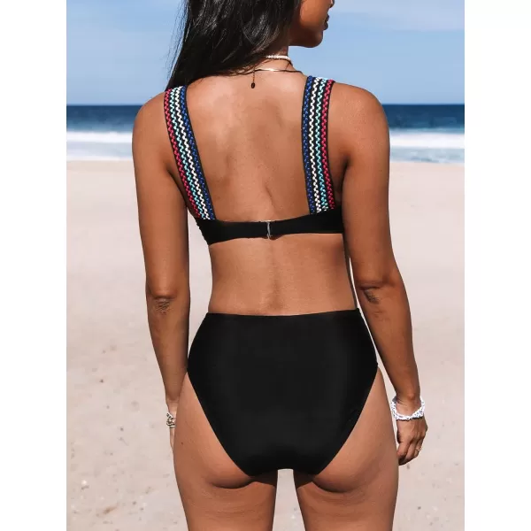 imageCUPSHE Womens Bikini Sets Two Piece Swimsuit Hign Waisted V Neck Back Hook Wide StrapsBlack