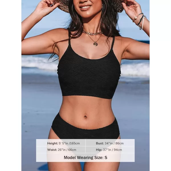 imageCUPSHE Womens Bikini Sets Two Piece Swimsuit Mid Rise Bottom Scoop Neck Tank Top Textured SwimwearBlack