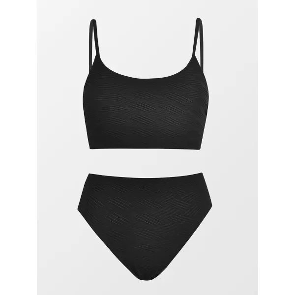 imageCUPSHE Womens Bikini Sets Two Piece Swimsuit Mid Rise Bottom Scoop Neck Tank Top Textured SwimwearBlack