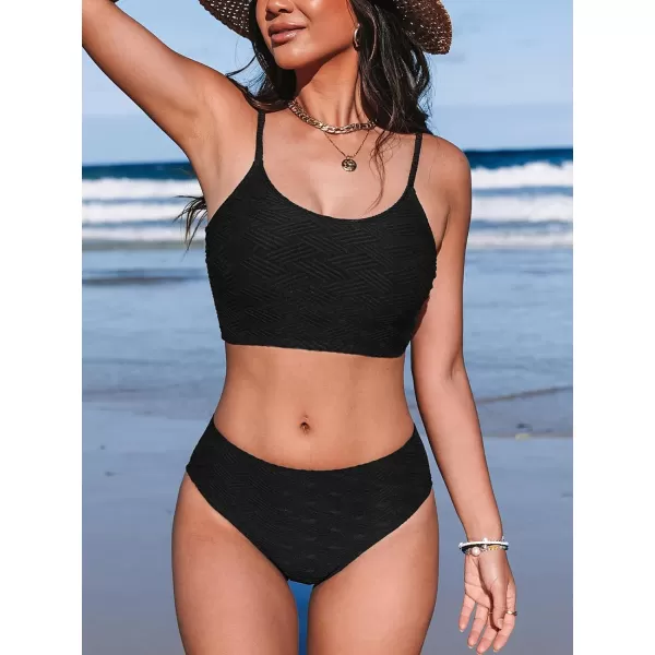 imageCUPSHE Womens Bikini Sets Two Piece Swimsuit Mid Rise Bottom Scoop Neck Tank Top Textured SwimwearBlack