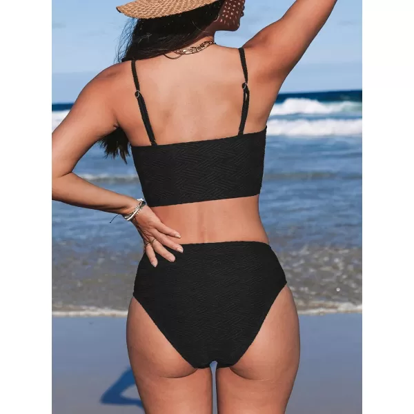 imageCUPSHE Womens Bikini Sets Two Piece Swimsuit Mid Rise Bottom Scoop Neck Tank Top Textured SwimwearBlack