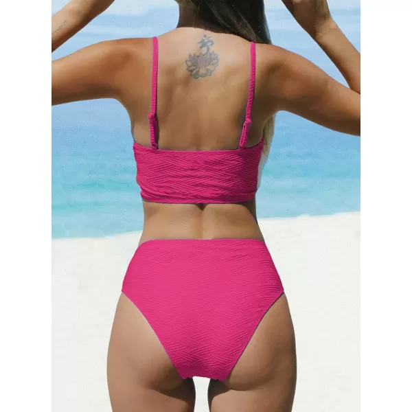 imageCUPSHE Womens Bikini Sets Two Piece Swimsuit Mid Rise Bottom Scoop Neck Tank Top Textured SwimwearHot Pink