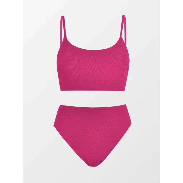 imageCUPSHE Womens Bikini Sets Two Piece Swimsuit Mid Rise Bottom Scoop Neck Tank Top Textured SwimwearHot Pink