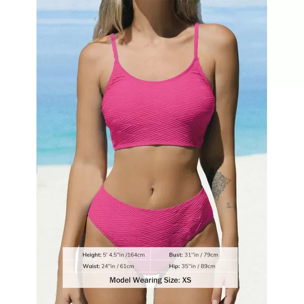 imageCUPSHE Womens Bikini Sets Two Piece Swimsuit Mid Rise Bottom Scoop Neck Tank Top Textured SwimwearHot Pink