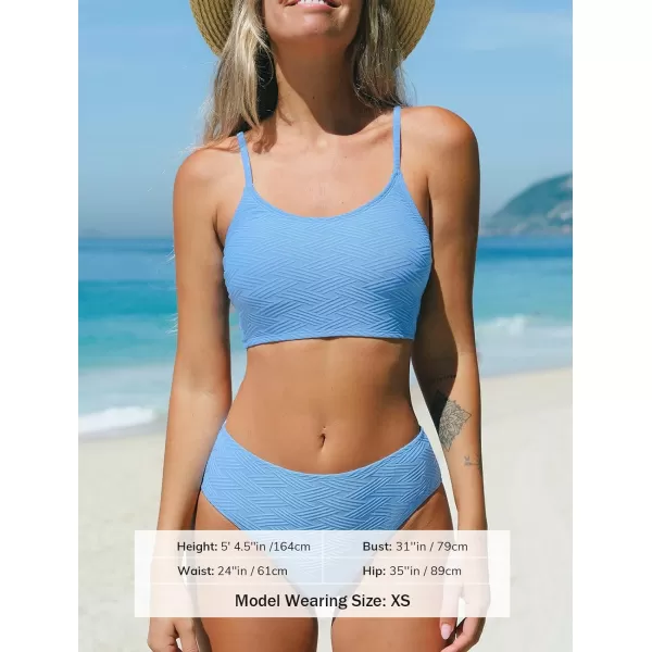 imageCUPSHE Womens Bikini Sets Two Piece Swimsuit Mid Rise Bottom Scoop Neck Tank Top Textured SwimwearLight Sky Blue