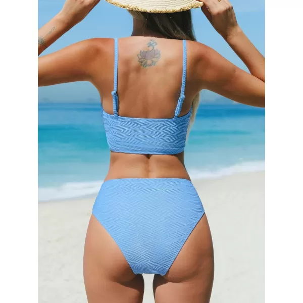 imageCUPSHE Womens Bikini Sets Two Piece Swimsuit Mid Rise Bottom Scoop Neck Tank Top Textured SwimwearLight Sky Blue