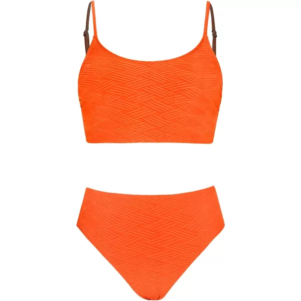 imageCUPSHE Womens Bikini Sets Two Piece Swimsuit Mid Rise Bottom Scoop Neck Tank Top Textured SwimwearNeon Orange