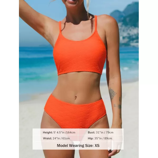 imageCUPSHE Womens Bikini Sets Two Piece Swimsuit Mid Rise Bottom Scoop Neck Tank Top Textured SwimwearNeon Orange