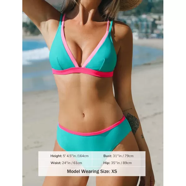 imageCUPSHE Womens Bikini Sets Two Piece Swimsuit Mid Rise Bottom V Neck Triangle Top Color Block SwimwearTurquoise Vibrant Pink