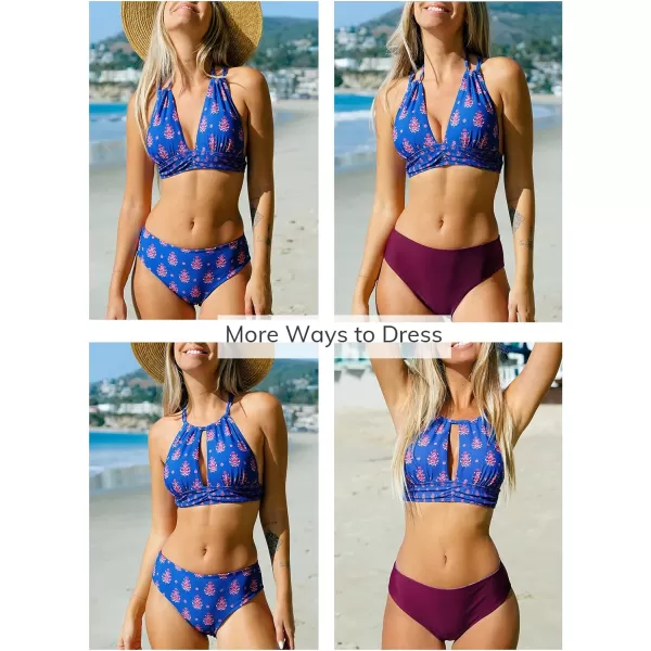 imageCUPSHE Womens Bikini Sets Two Piece Swimsuit Mid Rise Cutout Drawstring Crisscross Back Tie Reversible BottomBlue Mulberry Floral