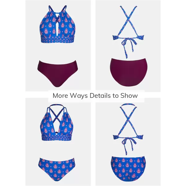 imageCUPSHE Womens Bikini Sets Two Piece Swimsuit Mid Rise Cutout Drawstring Crisscross Back Tie Reversible BottomBlue Mulberry Floral