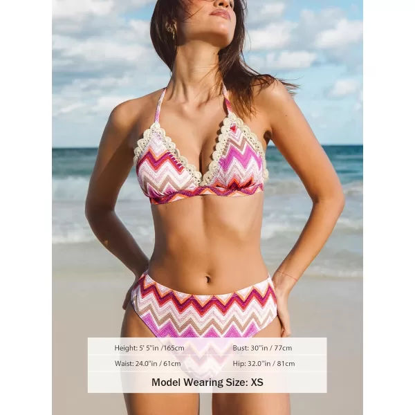 imageCUPSHE Womens Bikini Sets Two Piece Swimsuit Mid Rise Halter V Neck Crochet Triangle Swimwear Back HookPink Wave Pattern
