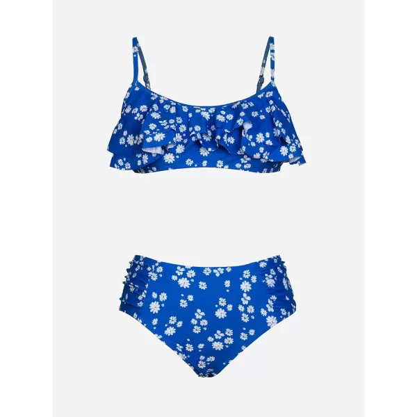 imageCUPSHE Womens Bikini Sets Two Piece Swimsuit Mid Rise Shirred Bottom Scoop Neck Ruffled Swimwear Back HookBlue Ditsy Floral