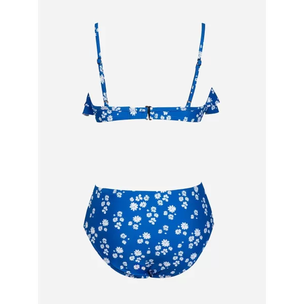 imageCUPSHE Womens Bikini Sets Two Piece Swimsuit Mid Rise Shirred Bottom Scoop Neck Ruffled Swimwear Back HookBlue Ditsy Floral
