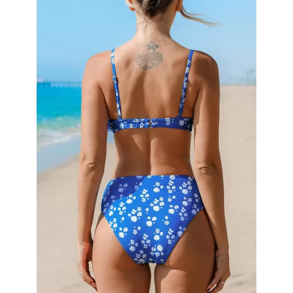 imageCUPSHE Womens Bikini Sets Two Piece Swimsuit Mid Rise Shirred Bottom Scoop Neck Ruffled Swimwear Back HookBlue Ditsy Floral
