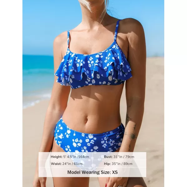 imageCUPSHE Womens Bikini Sets Two Piece Swimsuit Mid Rise Shirred Bottom Scoop Neck Ruffled Swimwear Back HookBlue Ditsy Floral