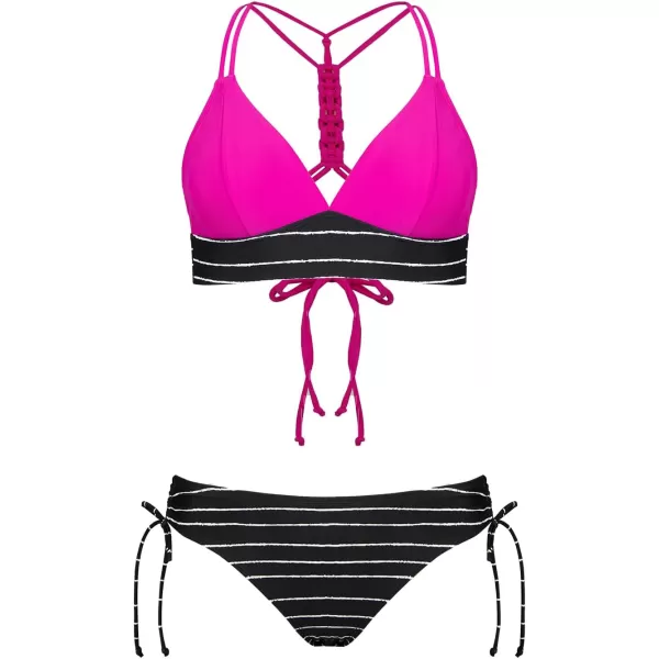 imageCUPSHE Womens Bikini Sets Two Piece Swimsuit Mid Rise Spaghetti Straps Back Tie DrawstringMagentaBlack