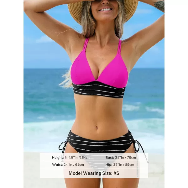 imageCUPSHE Womens Bikini Sets Two Piece Swimsuit Mid Rise Spaghetti Straps Back Tie DrawstringMagentaBlack