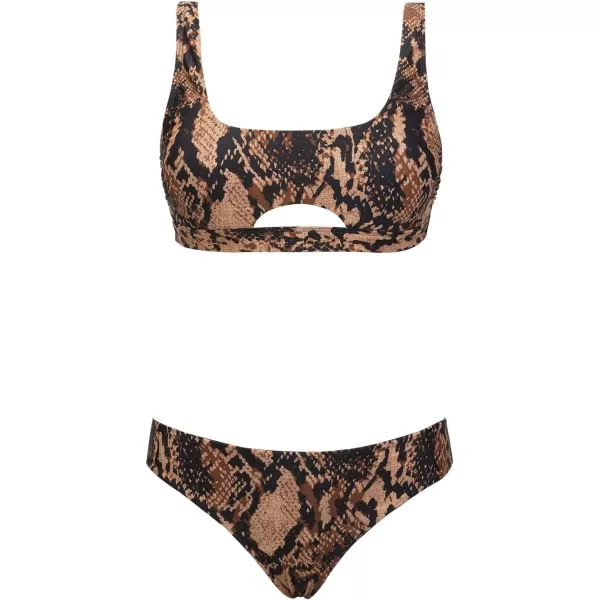 imageCUPSHE Womens Bikini Sets Two Piece Swimsuit Mid Rise Square Neck Cutout Back Hook Reversible BottomBrownAnimal