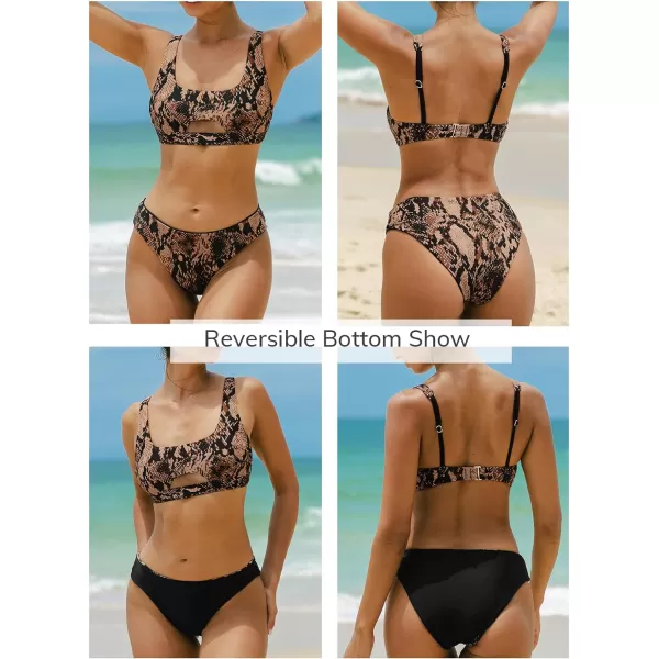 imageCUPSHE Womens Bikini Sets Two Piece Swimsuit Mid Rise Square Neck Cutout Back Hook Reversible BottomBrownAnimal