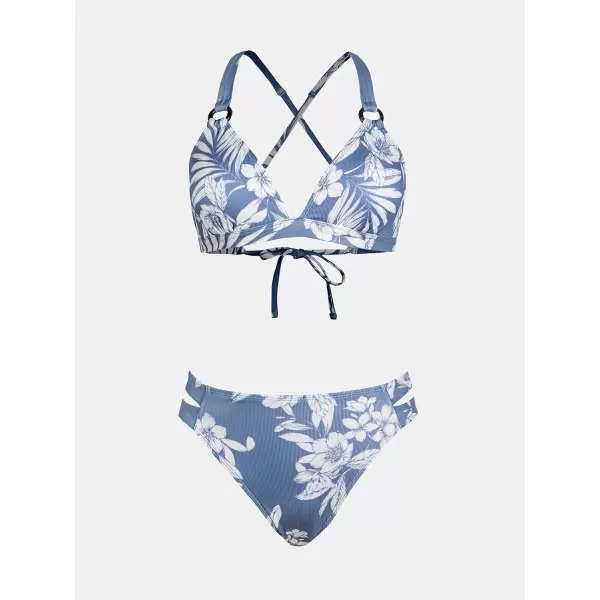 imageCUPSHE Womens Bikini Sets Two Piece Swimsuit ORing Back Self Tie Floral Cutout Mid Rise BottomLight Blue Floral