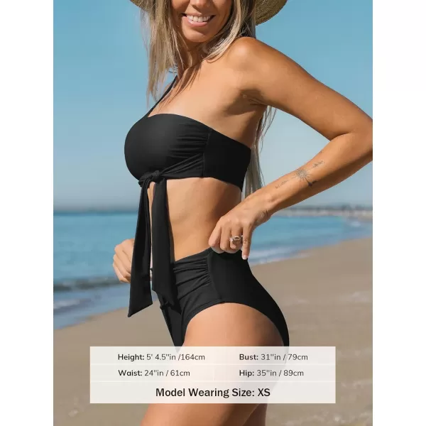 imageCUPSHE Womens Bikini Sets Two Piece Swimsuit One Shoulder High Waisted Wrap Tie Ruched BottomBlack