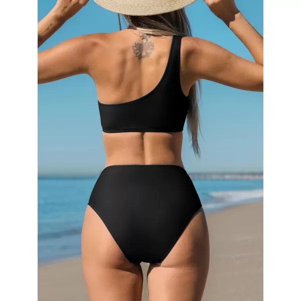 imageCUPSHE Womens Bikini Sets Two Piece Swimsuit One Shoulder High Waisted Wrap Tie Ruched BottomBlack
