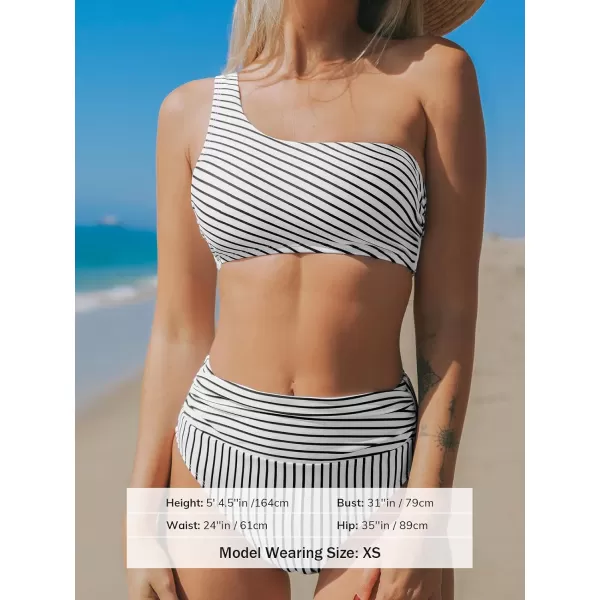 imageCUPSHE Womens Bikini Sets Two Piece Swimsuit One Shoulder High Waisted Wrap Tie Ruched BottomBlack Stripes