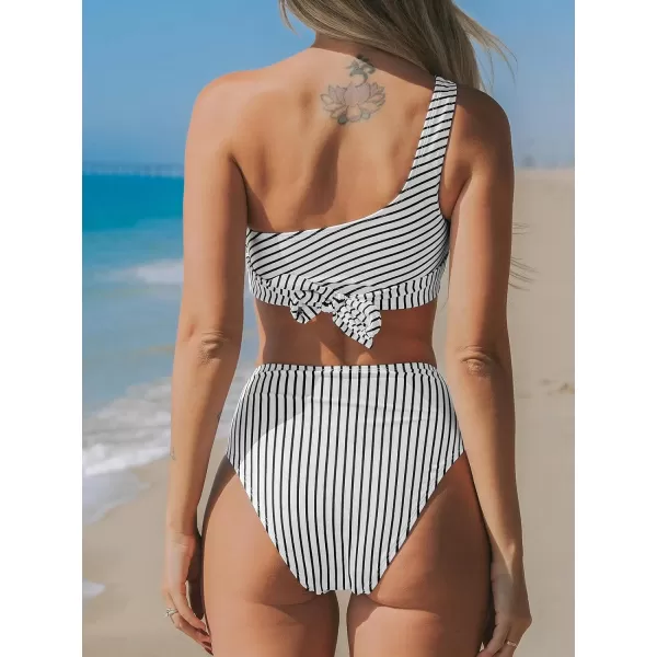 imageCUPSHE Womens Bikini Sets Two Piece Swimsuit One Shoulder High Waisted Wrap Tie Ruched BottomBlack Stripes