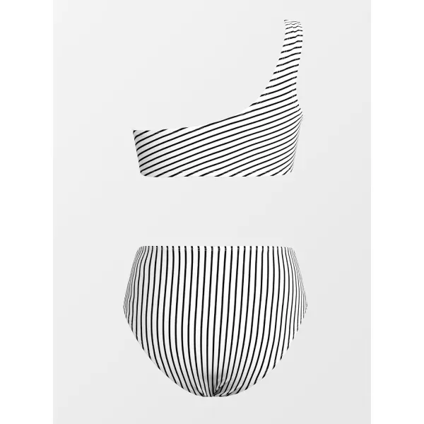 imageCUPSHE Womens Bikini Sets Two Piece Swimsuit One Shoulder High Waisted Wrap Tie Ruched BottomBlack Stripes