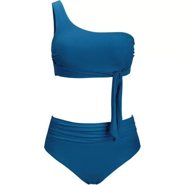 imageCUPSHE Womens Bikini Sets Two Piece Swimsuit One Shoulder High Waisted Wrap Tie Ruched BottomDark Steel Blue
