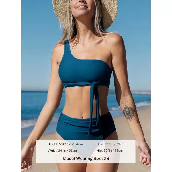 imageCUPSHE Womens Bikini Sets Two Piece Swimsuit One Shoulder High Waisted Wrap Tie Ruched BottomDark Steel Blue