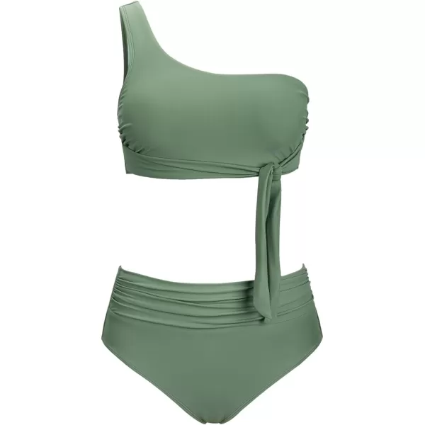 imageCUPSHE Womens Bikini Sets Two Piece Swimsuit One Shoulder High Waisted Wrap Tie Ruched BottomSage Green