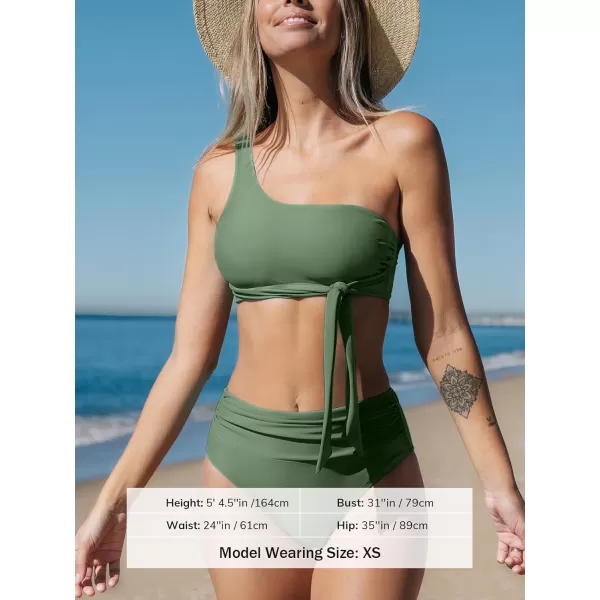 imageCUPSHE Womens Bikini Sets Two Piece Swimsuit One Shoulder High Waisted Wrap Tie Ruched BottomSage Green