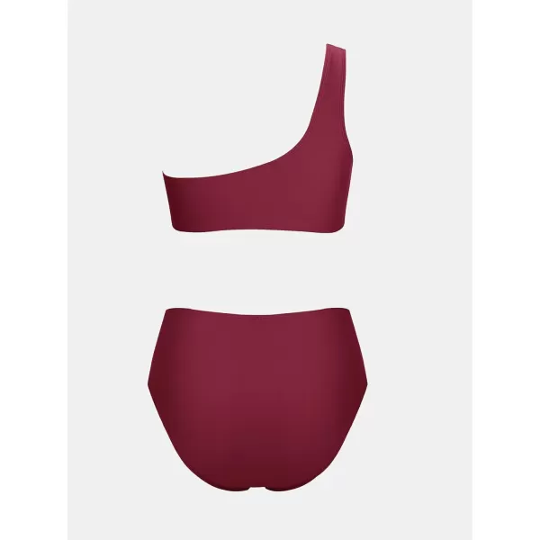 imageCUPSHE Womens Bikini Sets Two Piece Swimsuit One Shoulder High Waisted Wrap Tie Ruched BottomWine Red