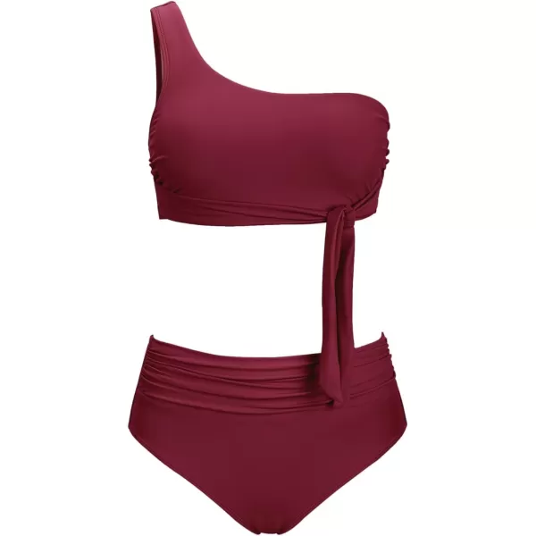 imageCUPSHE Womens Bikini Sets Two Piece Swimsuit One Shoulder High Waisted Wrap Tie Ruched BottomWine Red