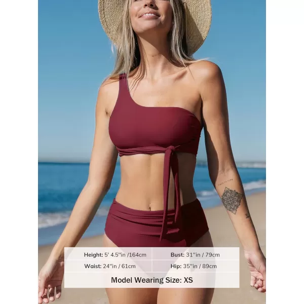 imageCUPSHE Womens Bikini Sets Two Piece Swimsuit One Shoulder High Waisted Wrap Tie Ruched BottomWine Red