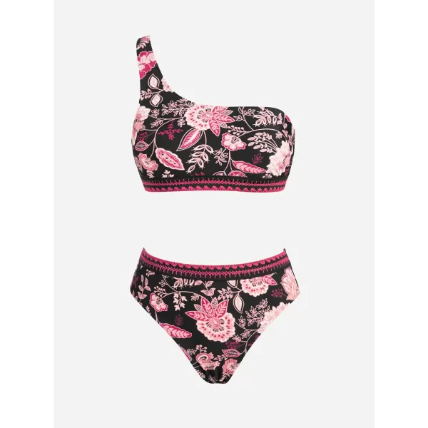 imageCUPSHE Womens Bikini Sets Two Piece Swimsuit One Shoulder Retro Stitching Bathing Suit Mid RiseRetro Floral