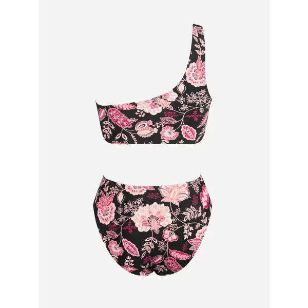 imageCUPSHE Womens Bikini Sets Two Piece Swimsuit One Shoulder Retro Stitching Bathing Suit Mid RiseRetro Floral