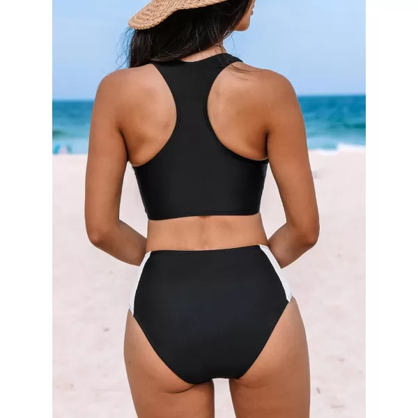 imageCUPSHE Womens Bikini Sets Two Piece Swimsuit Round Neck High Waisted Zipper TSharp Top Color BlockBlackWhite