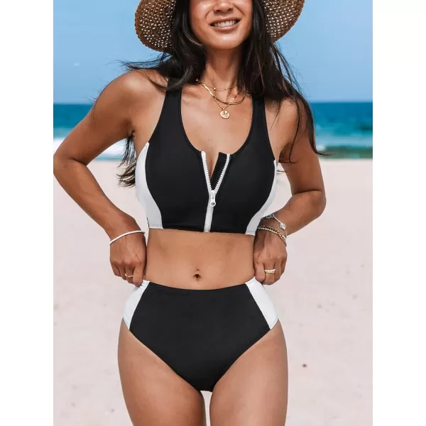 imageCUPSHE Womens Bikini Sets Two Piece Swimsuit Round Neck High Waisted Zipper TSharp Top Color BlockBlackWhite
