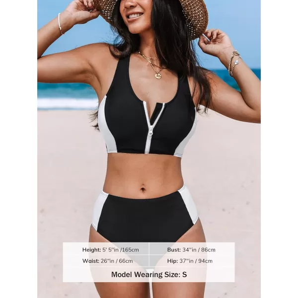 imageCUPSHE Womens Bikini Sets Two Piece Swimsuit Round Neck High Waisted Zipper TSharp Top Color BlockBlackWhite