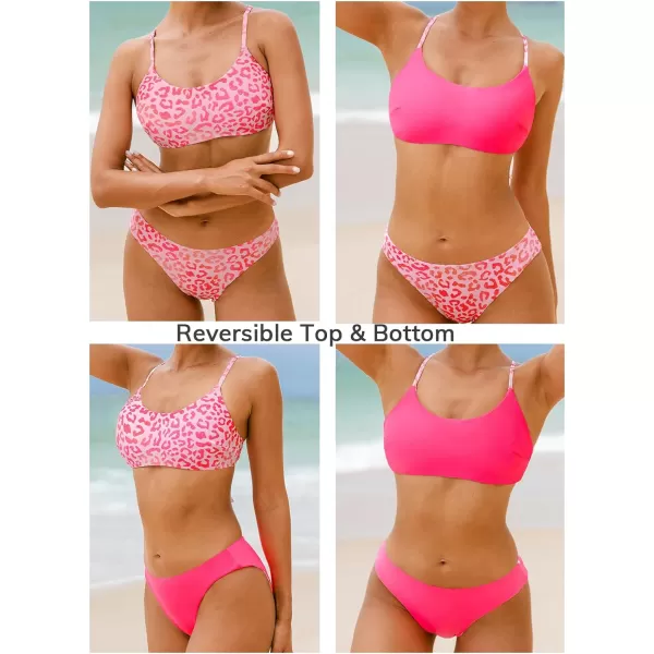 imageCUPSHE Womens Bikini Sets Two Piece Swimsuit Scoop Neck Crisscross Adjustable Straps Reversible Mid RiseHot PinkLeopard