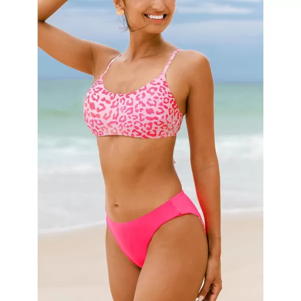 imageCUPSHE Womens Bikini Sets Two Piece Swimsuit Scoop Neck Crisscross Adjustable Straps Reversible Mid RiseHot PinkLeopard
