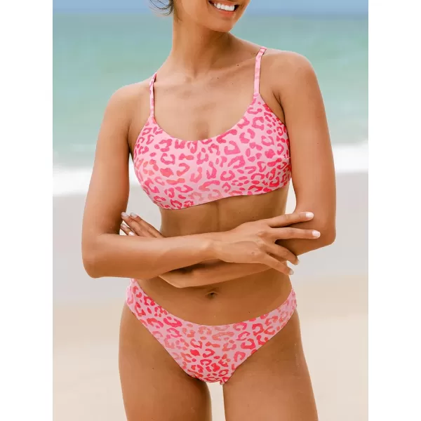 imageCUPSHE Womens Bikini Sets Two Piece Swimsuit Scoop Neck Crisscross Adjustable Straps Reversible Mid RiseHot PinkLeopard