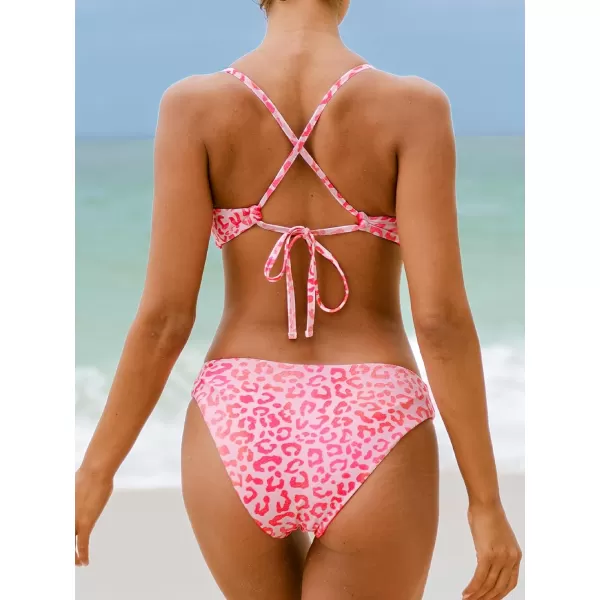 imageCUPSHE Womens Bikini Sets Two Piece Swimsuit Scoop Neck Crisscross Adjustable Straps Reversible Mid RiseHot PinkLeopard